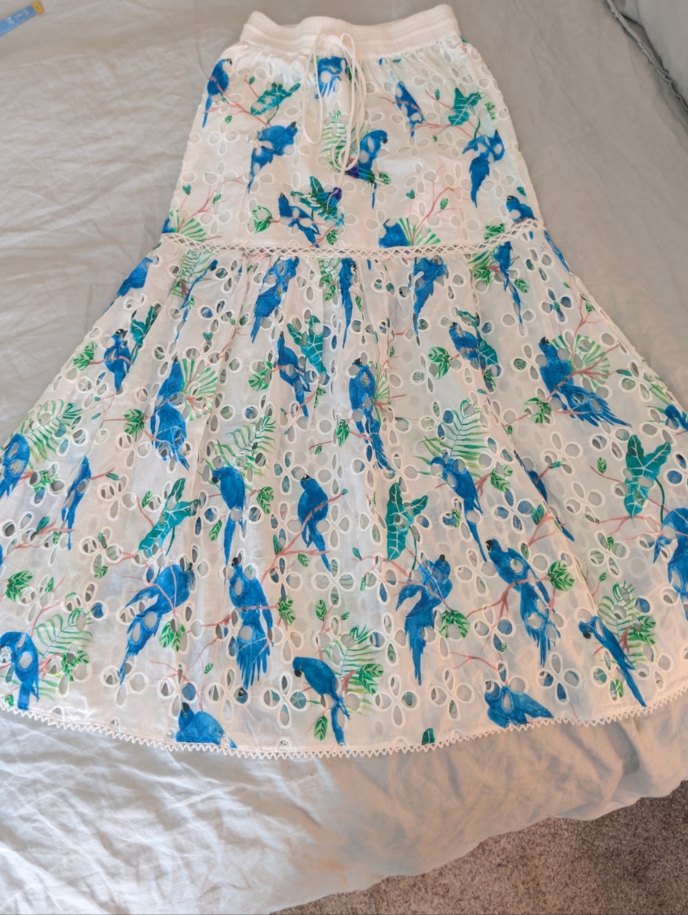 FARM RIO Blue Macaw Parrot Eyelet Cotton Maxi Skirt XS MWOT